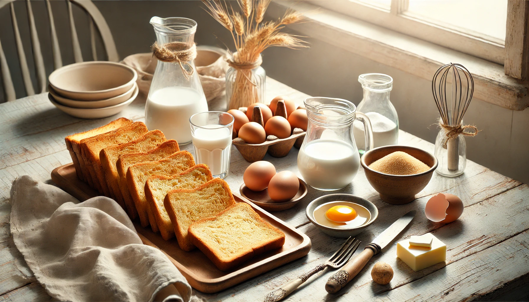 Altbackenes Weißbrot, Eier, Milch, Butter und Zimt-Zucker-Mischung auf einem rustikalen Holztisch, dekorativ arrangiert mit einer kleinen Vase Trockenblumen.