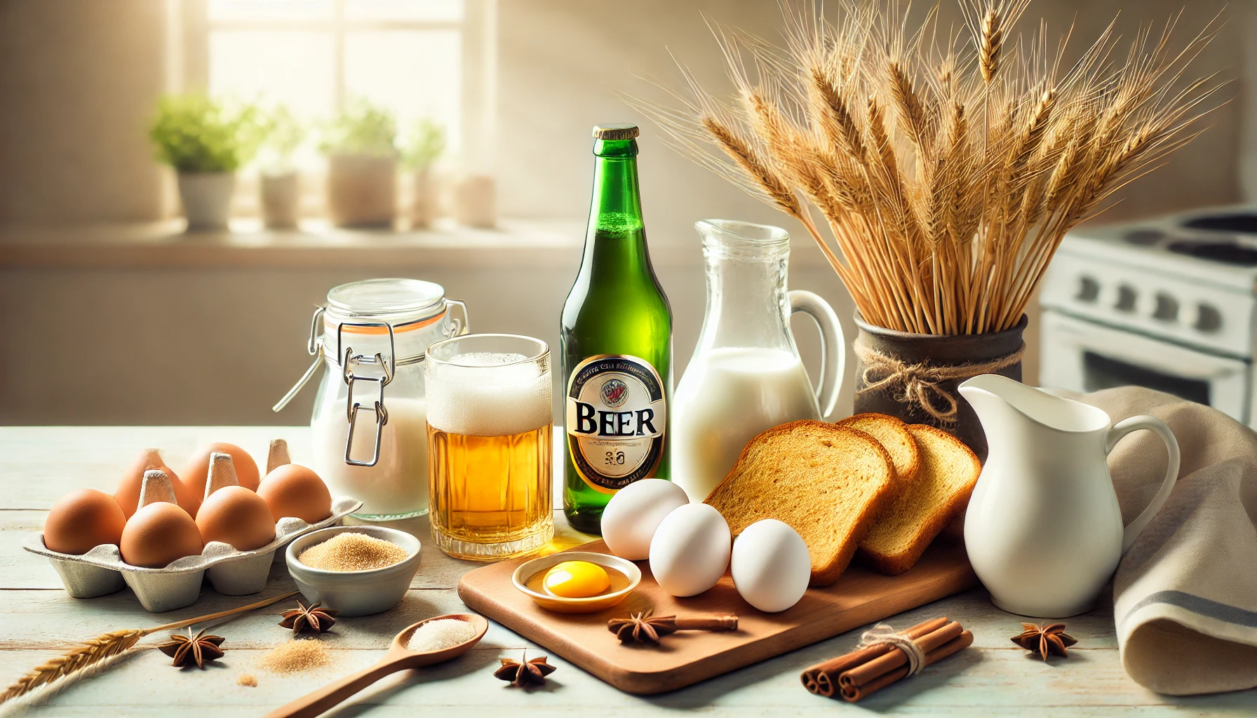 Auf einem rustikalen Holztisch liegen die Zutaten: Ein Flasche helles Bier, Milch, Zucker, Eigelb, Zimt und geröstete Brotscheiben. Der Tisch ist mit weichen Dekorationen wie Weizenhalmen und warmem Licht versehen.