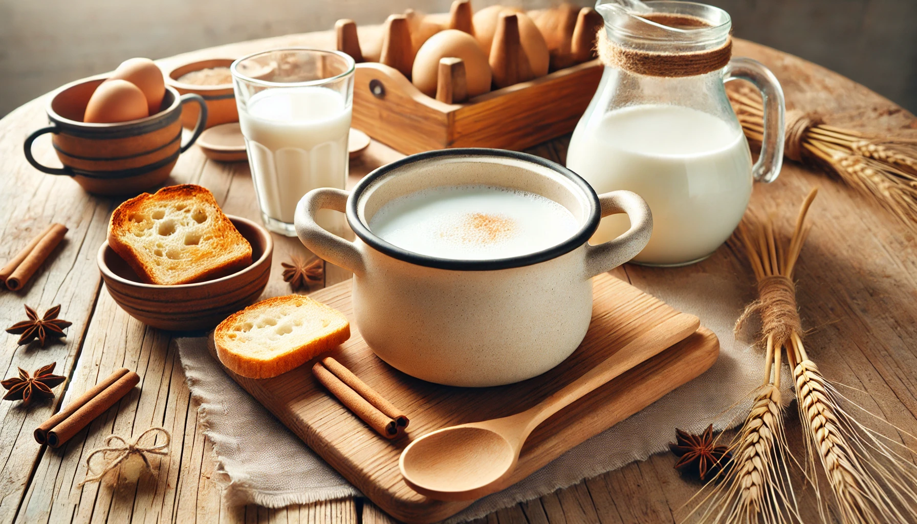 Das Bier wird in einem Topf langsam erhitzt, während die Milch hinzugefügt wird. Im Hintergrund liegen die vorbereiteten Gewürze und gerösteten Brotscheiben bereit.