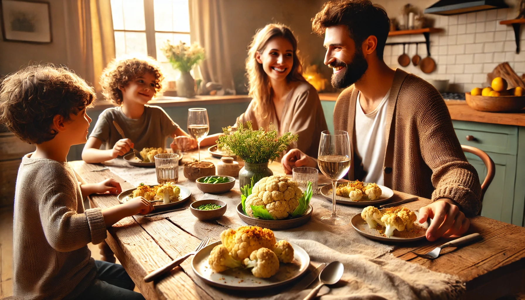 Eine Familie sitzt zusammen, lächelt und unterhält sich, während sie das Essen genießt. Der Holztisch ist schlicht dekoriert mit einem Leinentuch und einer kleinen Vase mit Blumen, was eine warme und einladende Atmosphäre schafft. Auf den Tellern der Familienmitglieder ist der Blumenkohl mit goldbraunen Semmelbröseln angerichtet, und frische Kräuter verleihen dem Tisch zusätzlichen Charme. 