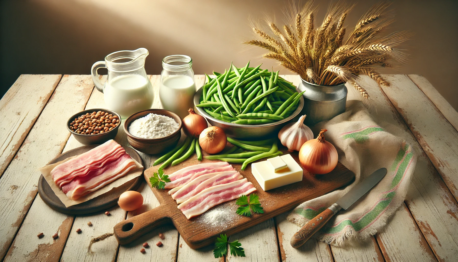 Das Bild zeigt die Zutaten für das Bohnengemüse nach DDR-Rezept. Auf einem hellen Holztisch liegen frische grüne Bohnen, eine gehackte Zwiebel, Speckscheiben, Butter, Mehl, Milch und frische Petersilie. Der Tisch ist freundlich und rustikal dekoriert mit Weizenhalmen und einem einfachen Stofftuch. Die warme Beleuchtung sorgt für eine gemütliche Atmosphäre.