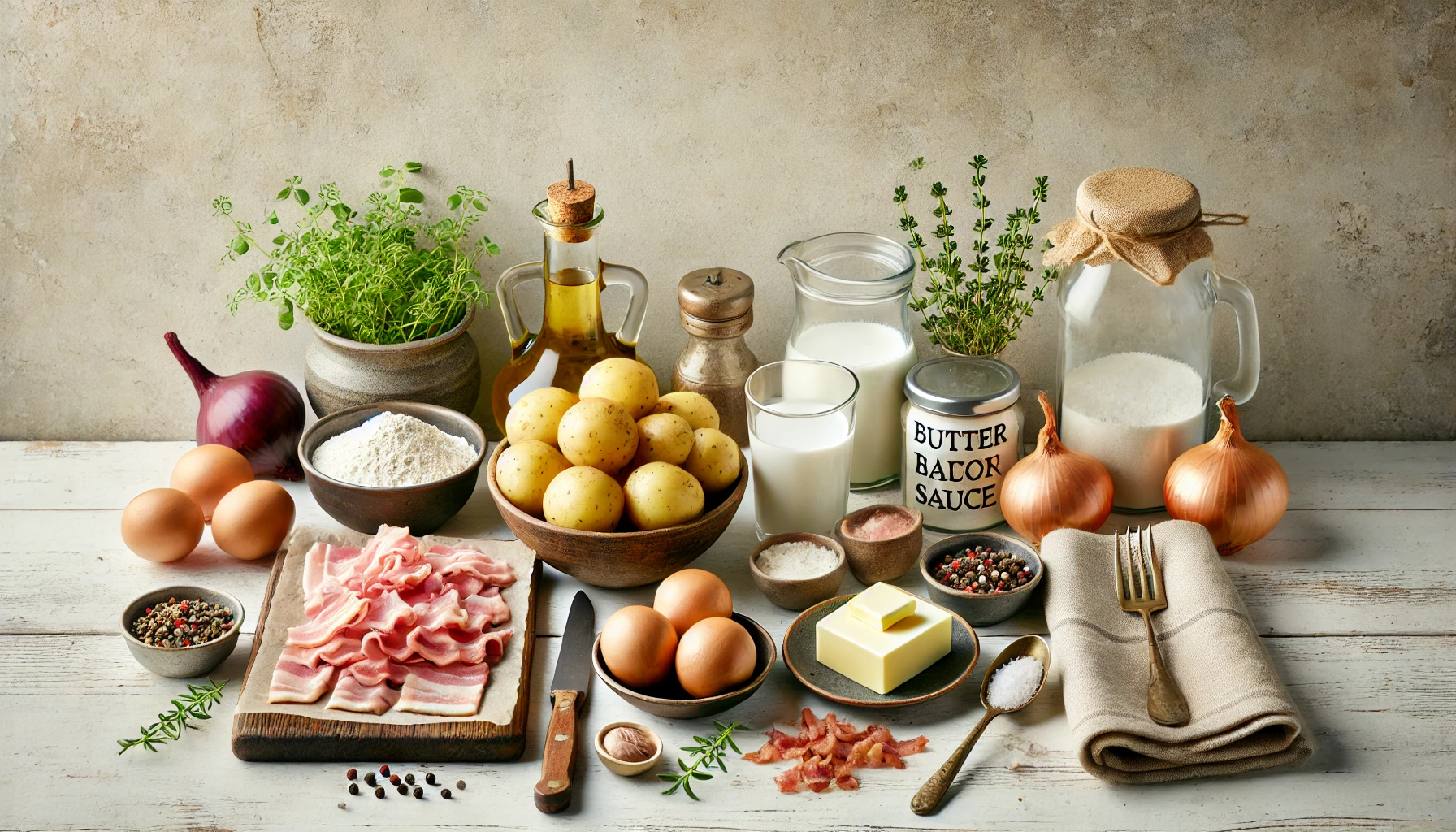 Die Zutaten wie Kartoffeln, Speck, Zwiebeln, Butter, Mehl, Milch und Gewürze sind rustikal auf einem hellen Holztisch arrangiert.