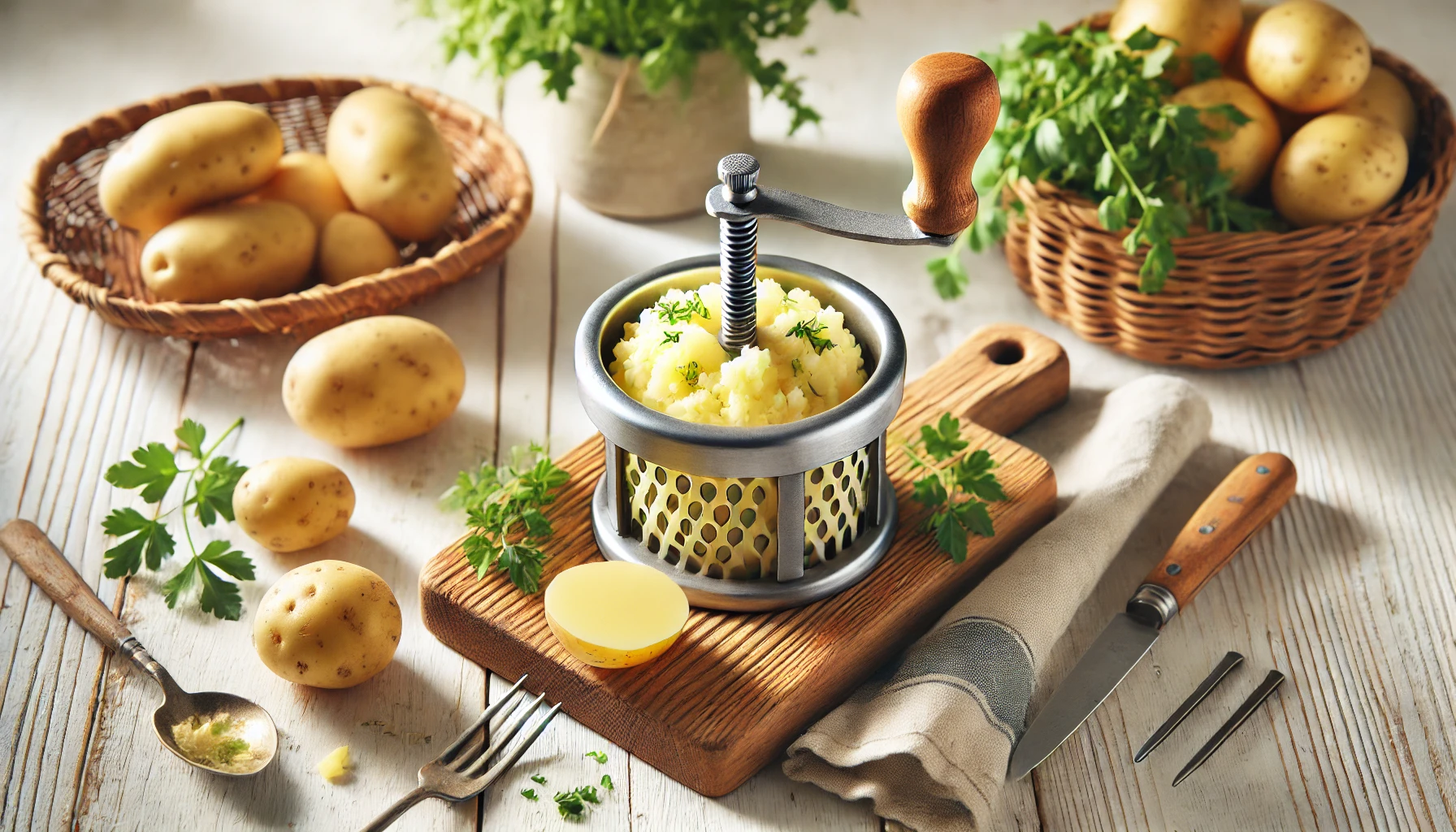 Gekochte Kartoffeln werden durch eine Kartoffelpresse gedrückt, um den Kloßteig für die Grünen Klöße herzustellen. Die Szene zeigt den Vorgang auf einem hellen Holztisch.