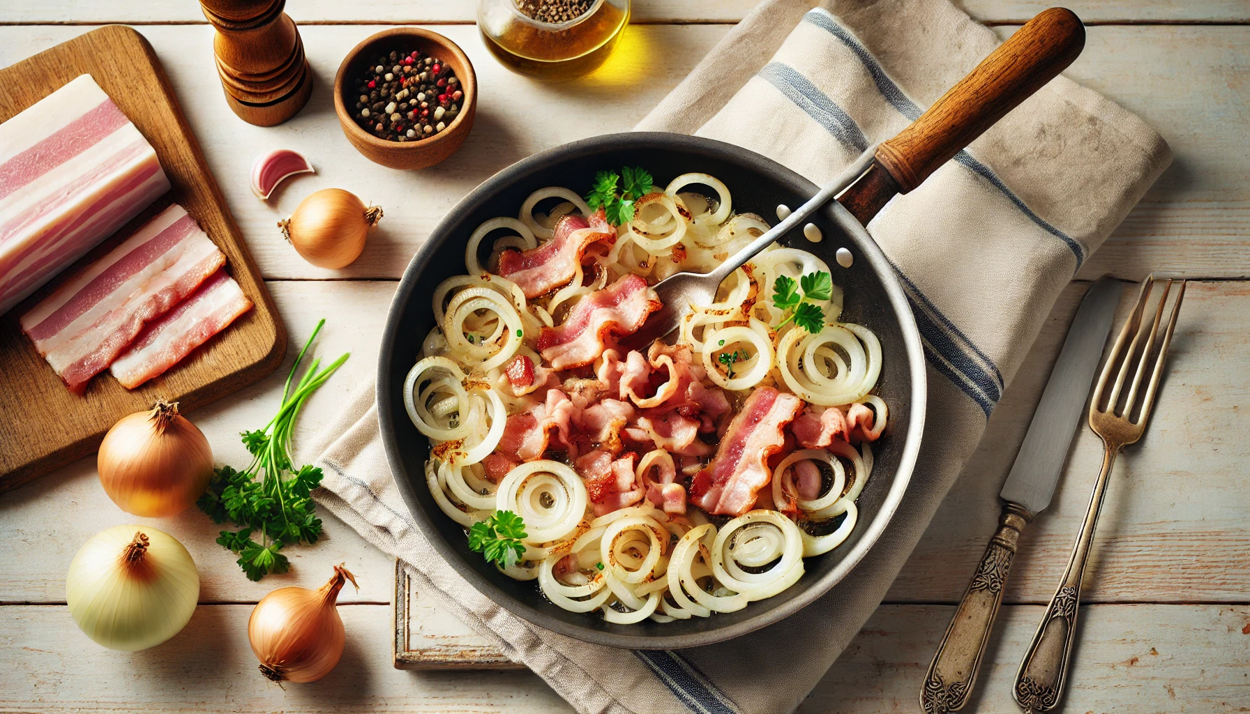 Der Speck wird zusammen mit den Zwiebeln in einer Pfanne goldbraun angebraten. Dampf steigt leicht auf, und die Szene zeigt die Pfanne auf einem rustikalen Holztisch.