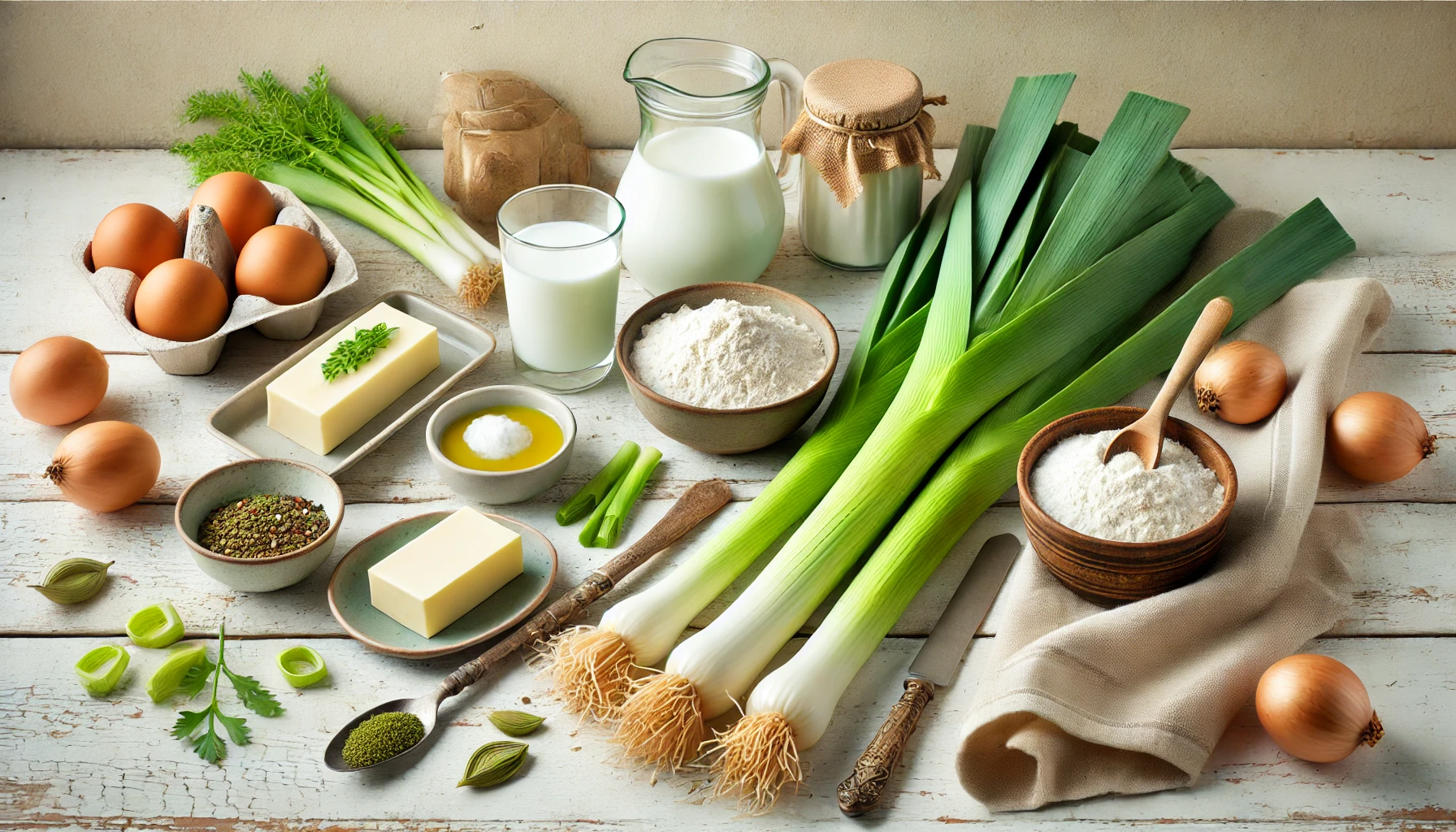 Zutaten für Porreegemüse: Frische Lauchstangen, Butter, Mehl, Milch und Gewürze wie Salz, Pfeffer und Muskat sind auf einem hellen Holztisch rustikal arrangiert. Ein Leinentuch und frische Kräuter ergänzen die Szene.