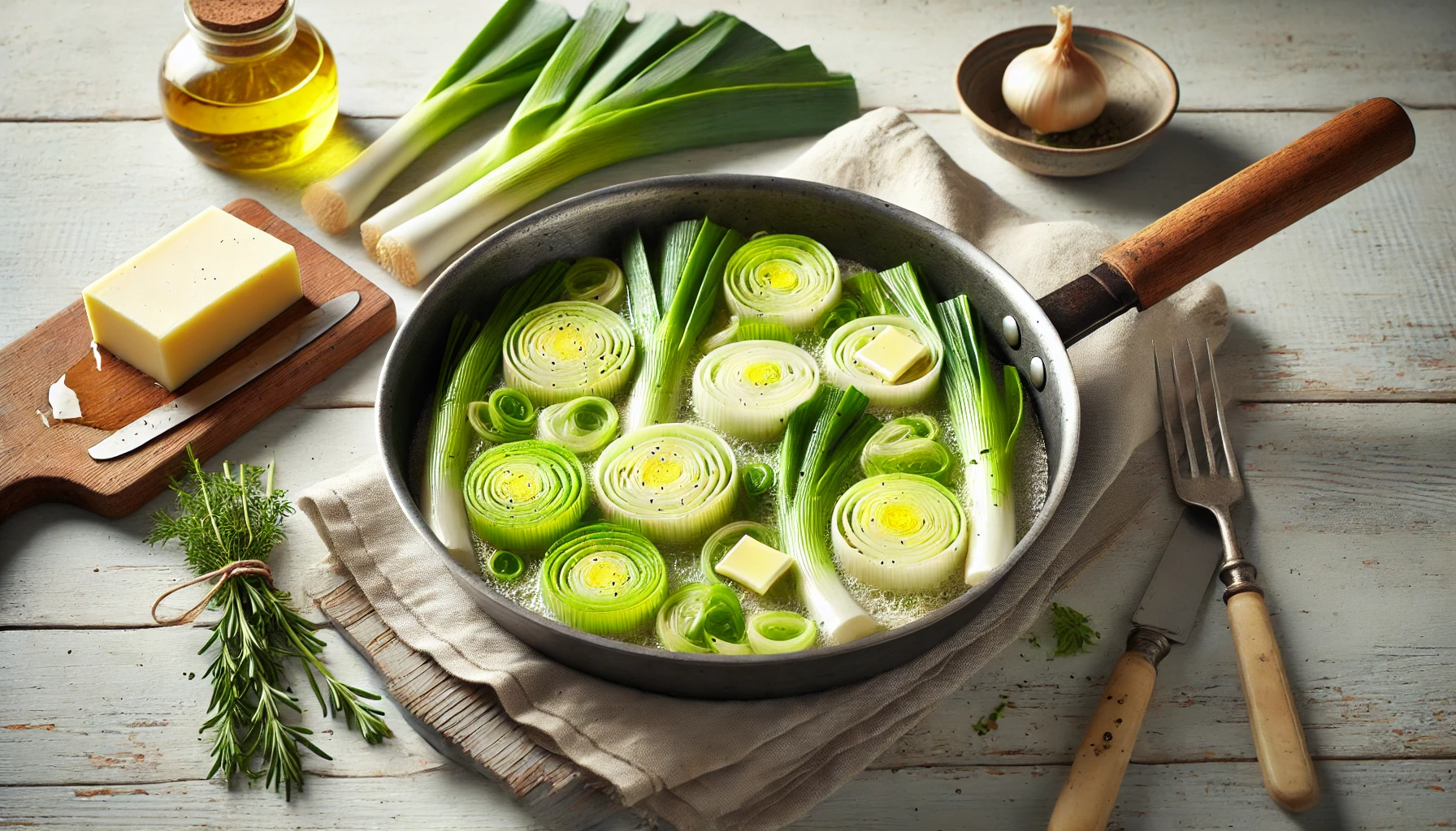 Lauch in Butter andünsten: In einer Pfanne werden geschnittene Lauchringe in Butter angedünstet. Die Ringe sind leicht angebraten, und die Butter beginnt zu schmelzen, auf einem hellen Holztisch präsentiert.