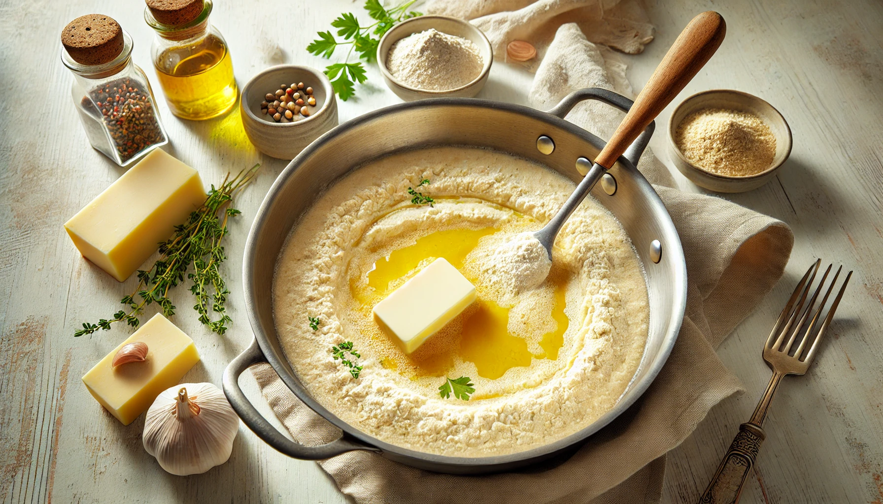 Mehlschwitze zubereiten: In einer Pfanne wird Butter mit Mehl verrührt, um die Basis für die Mehlschwitze zu bilden. Diese wird dann zum Andicken des Porreegemüses verwendet.