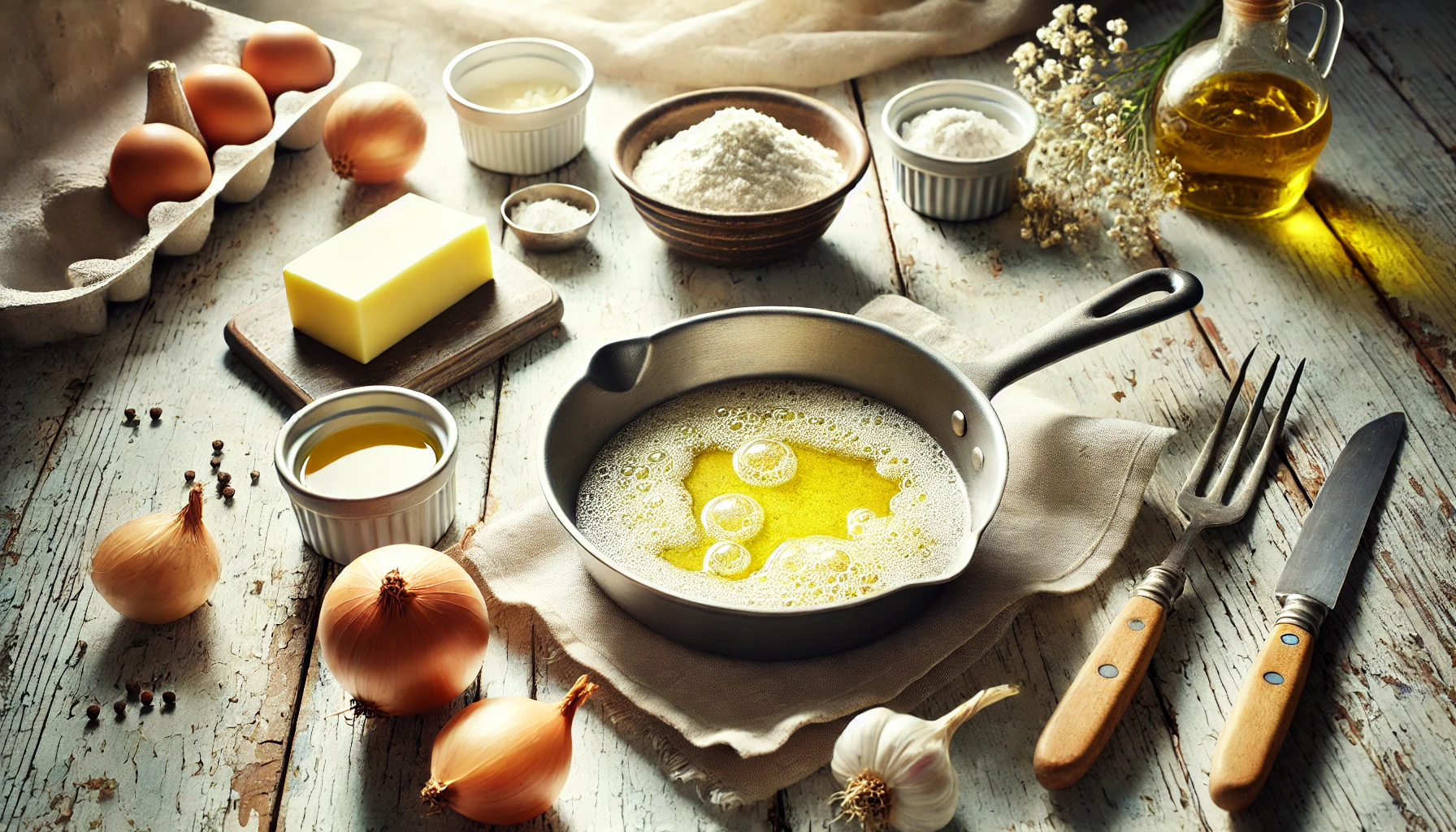 Die Butter wird in einer Pfanne geschmolzen, die Zwiebeln glasig gedünstet und das Mehl untergerührt. Alles bereit für das Ablöschen mit Milch oder Brühe.