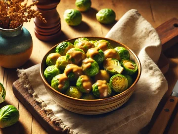 Das fertige Rosenkohlgemüse wird in einer Schale serviert. Der Rosenkohl ist in der sämigen Sauce eingehüllt, daneben liegen eine Serviette und eine kleine Vase mit Trockenblumen.