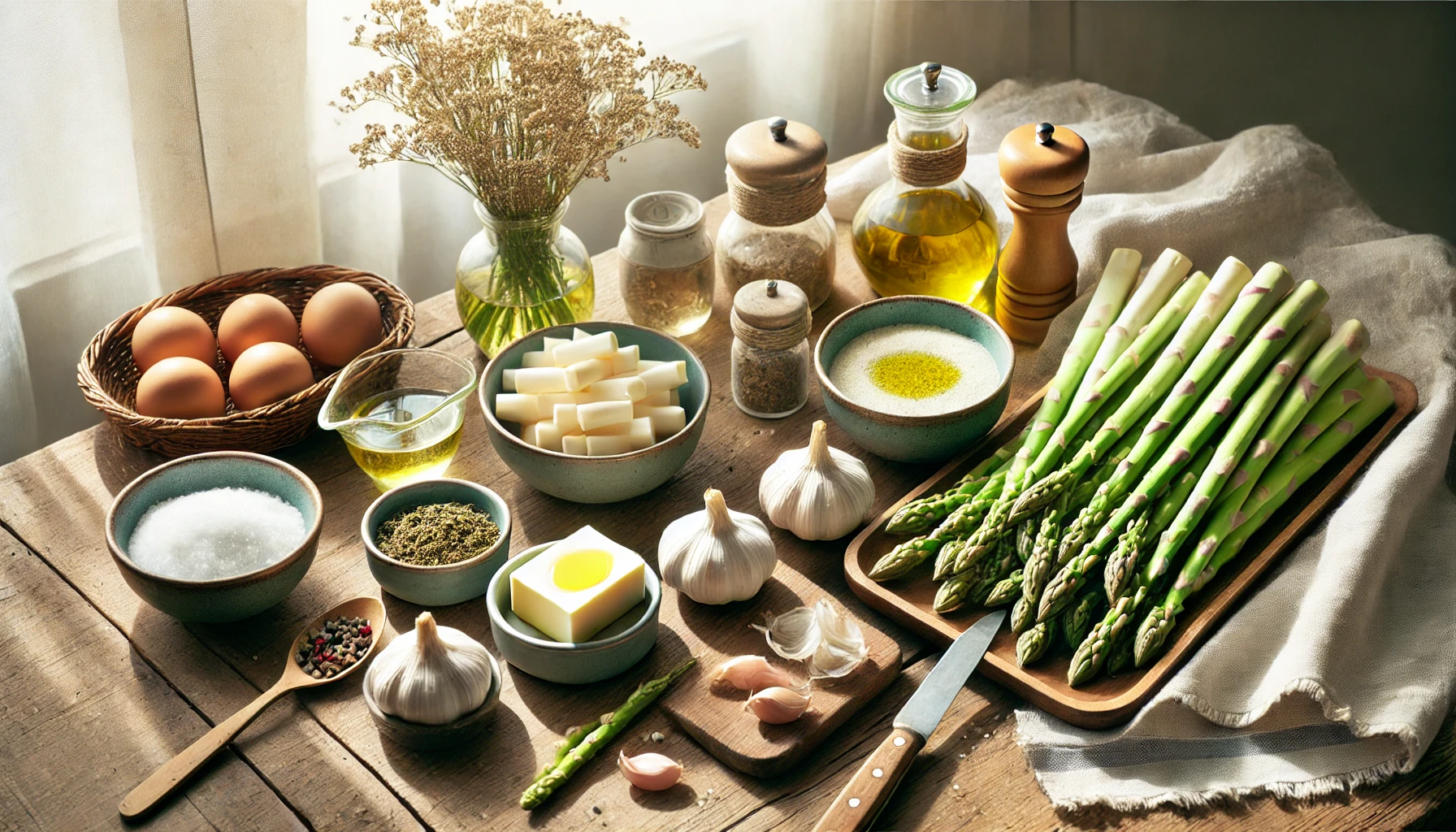 Frischer Spargel, Butter, Zwiebeln und Gewürze liegen bereit auf einem rustikalen Holztisch, dekorativ angerichtet mit einem kleinen Strauß Trockenblumen.