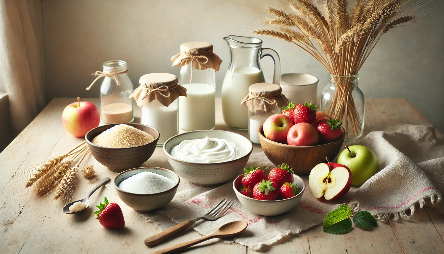 Das Bild zeigt die Zutaten für den süßen Quark. Auf einem hellen Holztisch stehen eine Schüssel mit Quark, Zucker, Vanillezucker, ein Krug Milch und frische Erdbeeren sowie Äpfel. Die Umgebung ist hell und freundlich, mit einfachen rustikalen Dekorationen wie Weizenhalmen. Es wirkt einladend und gemütlich, als wäre man in einer ländlichen Küche.