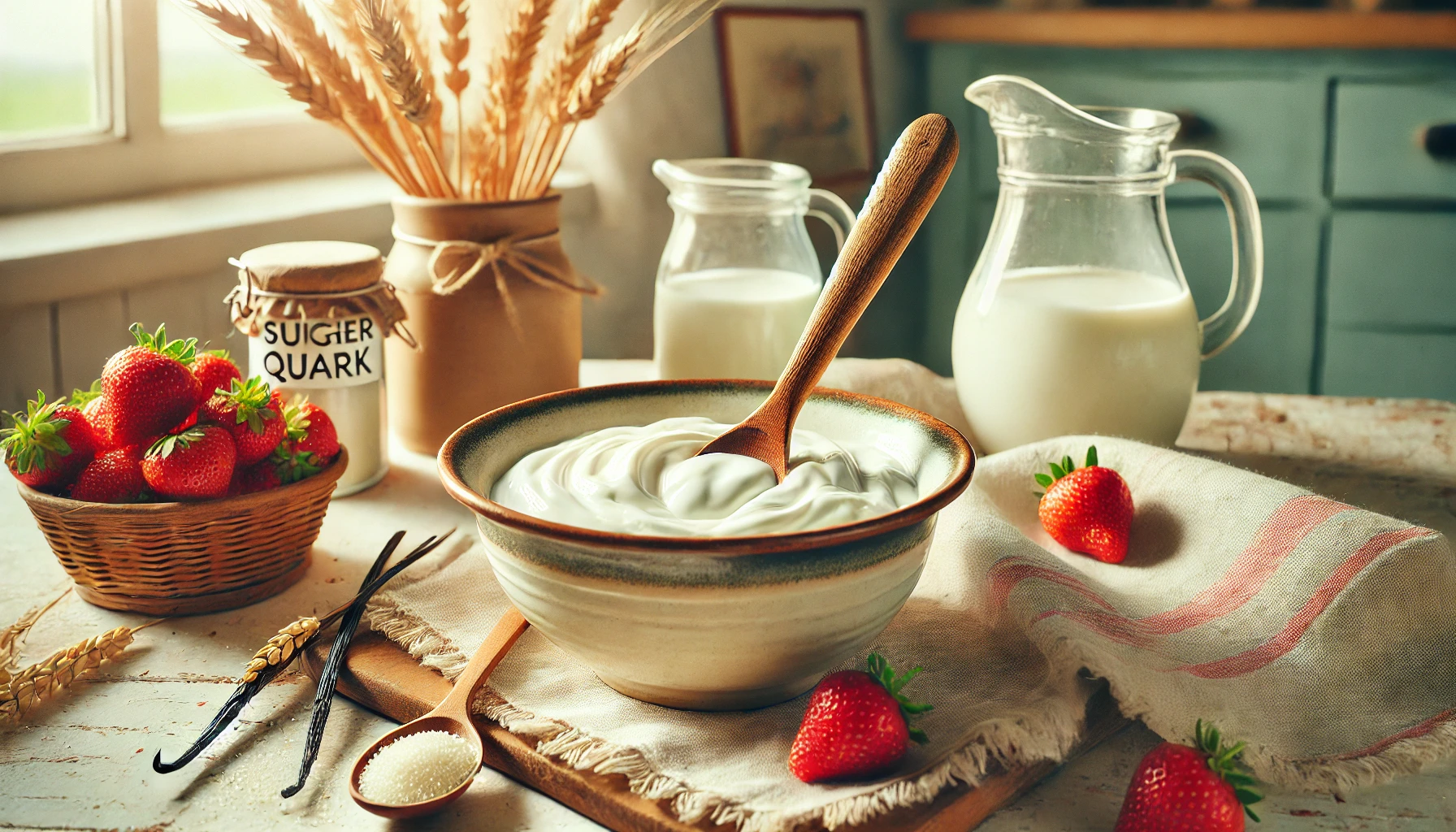 Hier sieht man, wie der süße Quark in einer hellen Keramikschüssel mit Zucker und Vanillezucker vermischt wird. Eine Holzkelle rührt den Quark, und daneben liegen frische Erdbeeren und ein Krug Milch. Die Umgebung ist hell und rustikal dekoriert mit weichen, natürlichen Elementen. Es ist eine freundliche, warme Szene, die das einfache Mischen der Zutaten zeigt.