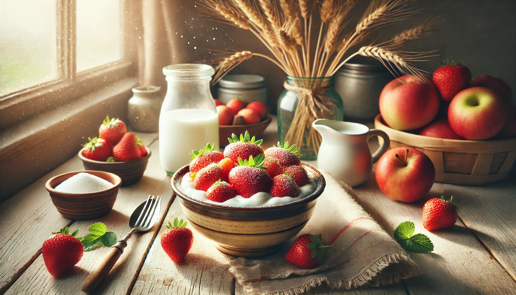 Auf diesem Bild wird der süße Quark in einer Schale serviert. Der Quark ist cremig und mit frischen Erdbeeren und etwas Zucker garniert. Im Hintergrund sieht man weitere frische Früchte, wie Äpfel, und einen Krug Milch. Die helle und warme Beleuchtung sorgt für eine gemütliche und ländliche Atmosphäre, ideal für ein leckeres Dessert.