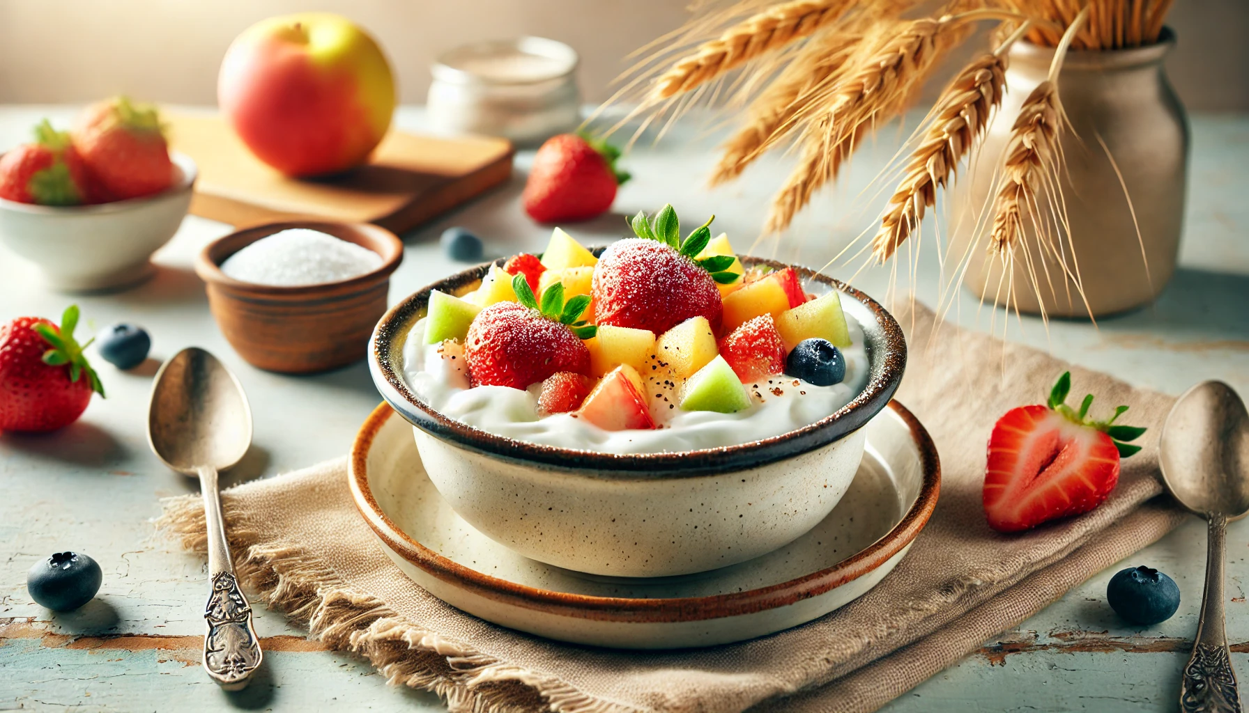 Das Bild zeigt den fertigen süßen Quark, serviert in einer Schale auf einem hellen Holztisch. Der Quark ist mit frischen Früchten wie Erdbeeren und Äpfeln dekoriert und leicht mit Zucker bestreut. Die Szene ist hell und freundlich, mit einfachen rustikalen Dekorationen, die eine einladende und heimelige Atmosphäre schaffen.