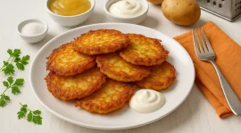 Kartoffelpuffer auf weißem Teller mit Apfelmus, saurer Sahne und Zucker, angerichtet auf weißem Holztisch.