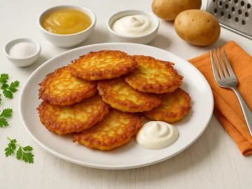 Kartoffelpuffer auf weißem Teller mit Apfelmus, saurer Sahne und Zucker, angerichtet auf weißem Holztisch.