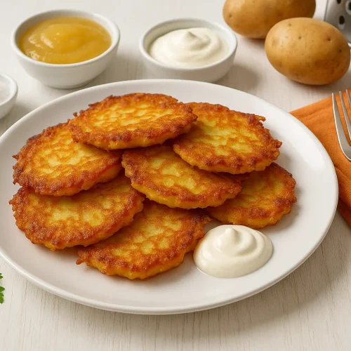Kartoffelpuffer auf weißem Teller mit Apfelmus, saurer Sahne und Zucker, angerichtet auf weißem Holztisch.