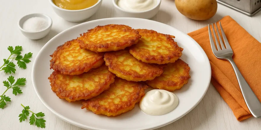 Kartoffelpuffer auf weißem Teller mit Apfelmus, saurer Sahne und Zucker, angerichtet auf weißem Holztisch.