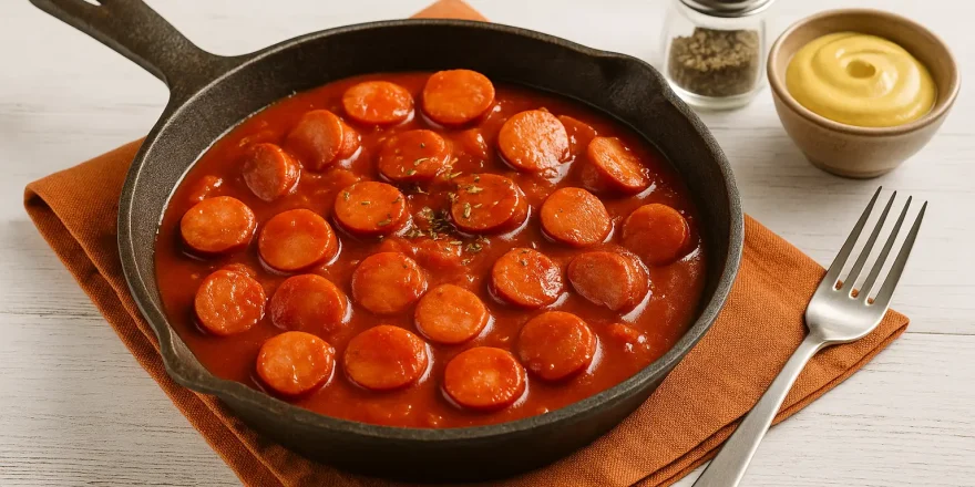 Wurstgulasch aus Bockwurstscheiben in kräftiger roter Soße, angerichtet in einer gusseisernen Pfanne ohne Beilagen, auf weißem Holzuntergrund mit Senf und Pfefferstreuer daneben.