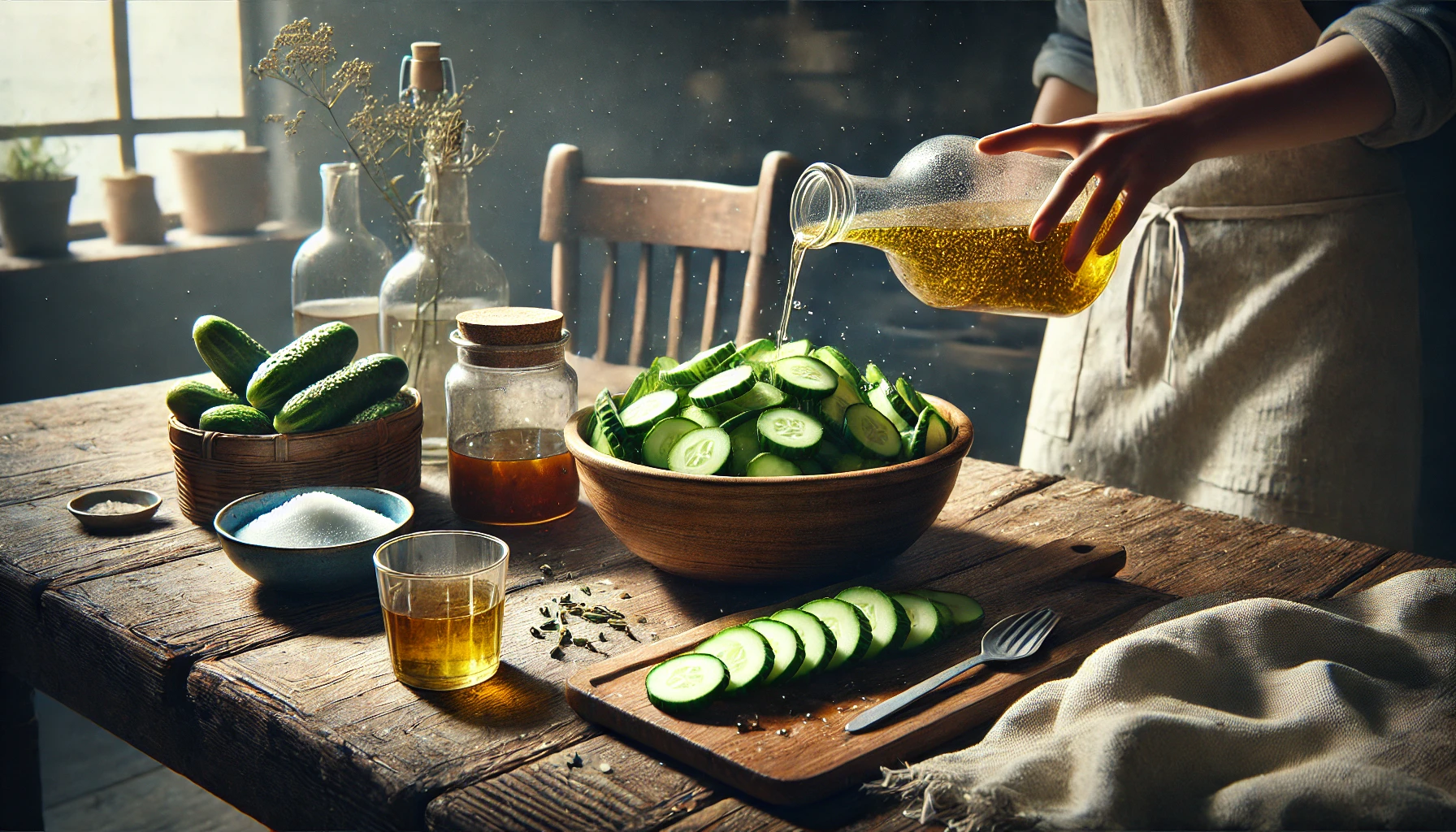 Das Foto zeigt eine Schüssel mit geschnittenen Gurken, über die gerade eine Marinade aus Essig, Öl, Zucker und Salz gegossen wird. Neben der Schüssel stehen ein kleiner Becher und ein Löffel, mit denen die Marinade angerührt wurde. Die Szene ist gemütlich und gut beleuchtet.