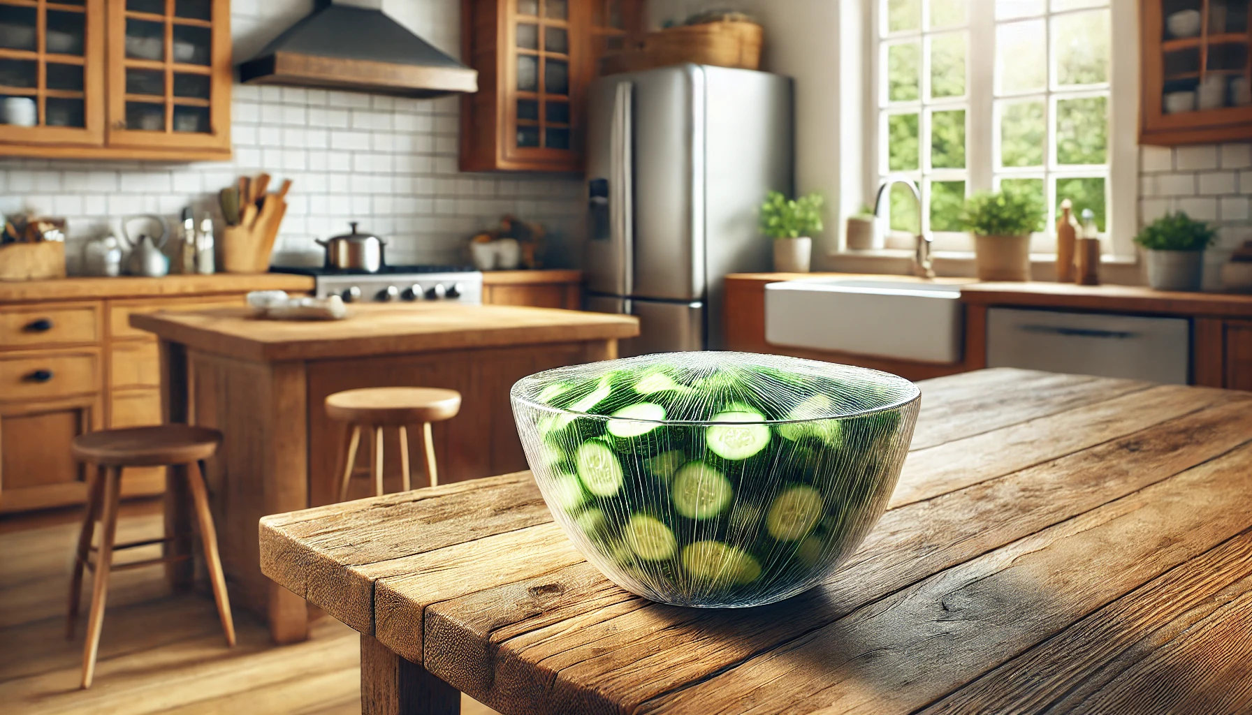 Das Foto zeigt den Gurkensalat, der in einer Schüssel mit Frischhaltefolie abgedeckt ist. Die Schüssel steht im Kühlschrank oder auf einem Tisch, bereit, durchzuziehen. Im Hintergrund sind weitere frische Zutaten zu sehen.