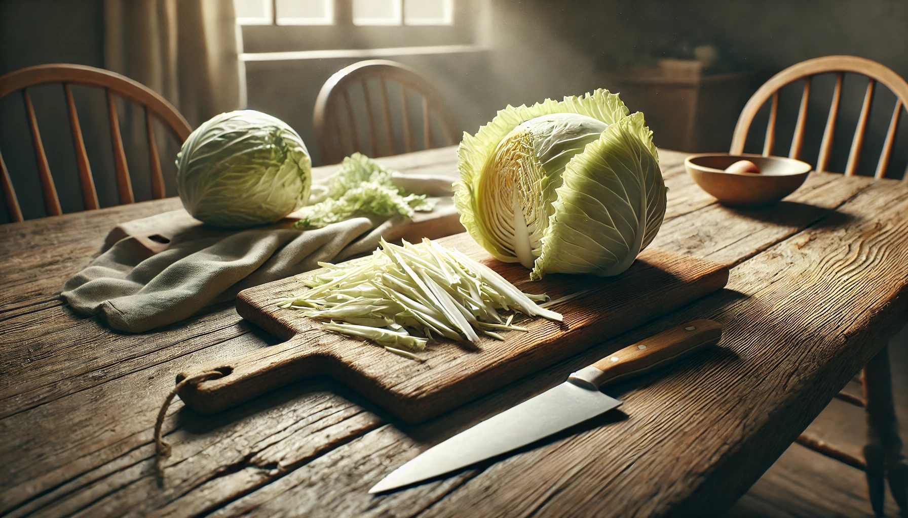 Das Foto zeigt eine rustikale Küche mit einem Holztisch, auf dem ein Weißkohl liegt. Ein scharfes Messer und ein Schneidebrett sind bereit, und der Kohl ist bereits in feine Streifen geschnitten. Die Atmosphäre ist warm und einladend, mit natürlichem Licht, das durch ein Fenster fällt.