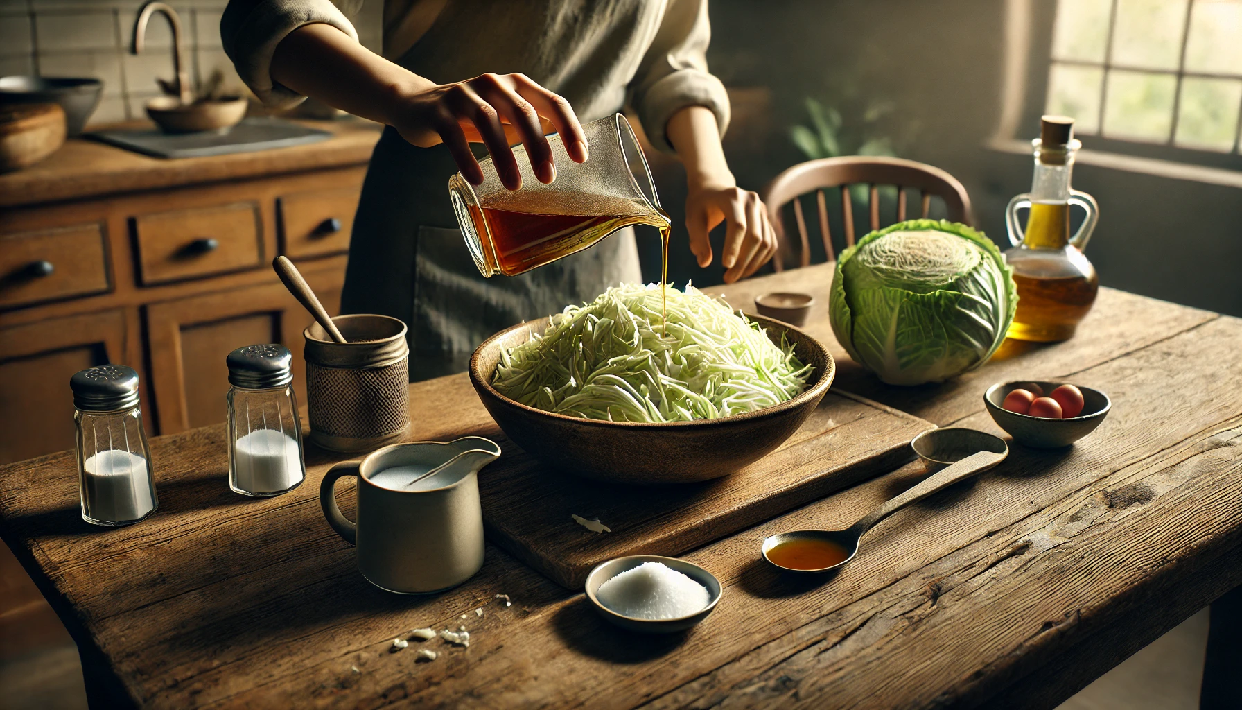 Das Foto zeigt eine Schüssel mit geschnittenem Kohl, über den gerade eine Marinade aus Essig, Öl, Zucker und Kümmel gegossen wird. Neben der Schüssel stehen ein kleiner Becher und ein Löffel, mit denen die Marinade angerührt wurde. Die Szene ist gemütlich und gut beleuchtet.