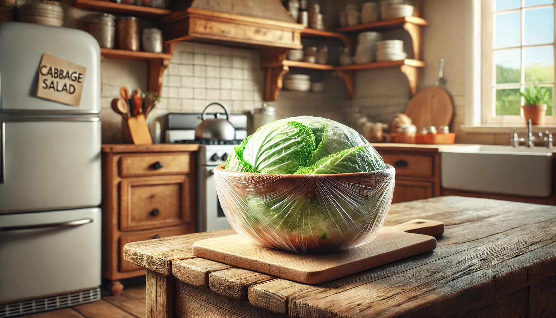 Das Foto zeigt den Krautsalat, der in einer Schüssel mit Frischhaltefolie abgedeckt ist. Die Schüssel steht im Kühlschrank oder auf einem Tisch, bereit, durchzuziehen. Im Hintergrund sind weitere frische Zutaten zu sehen.