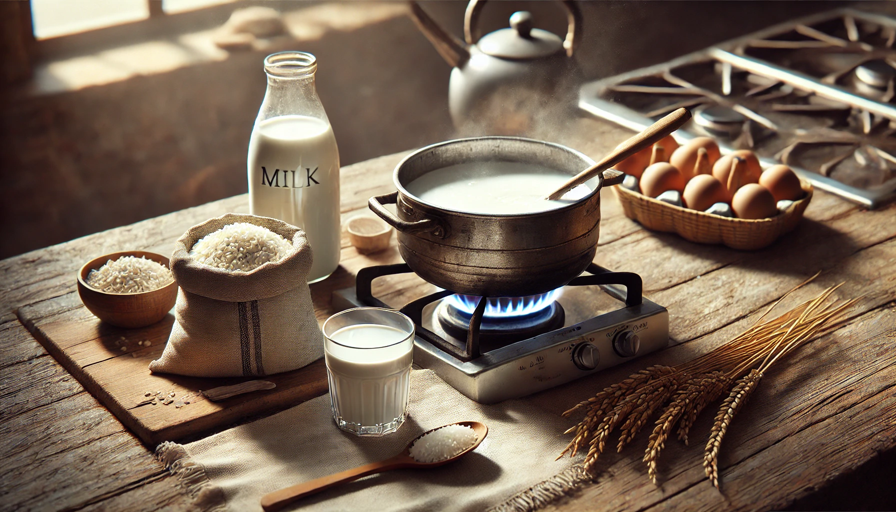 Das Foto zeigt einen Topf auf dem Herd, in dem Milch erwärmt wird. Neben dem Topf liegt ein Beutel mit Milchreis, bereit zum Einrühren. Die Küche ist rustikal, und das natürliche Licht betont die Einfachheit der Szene.