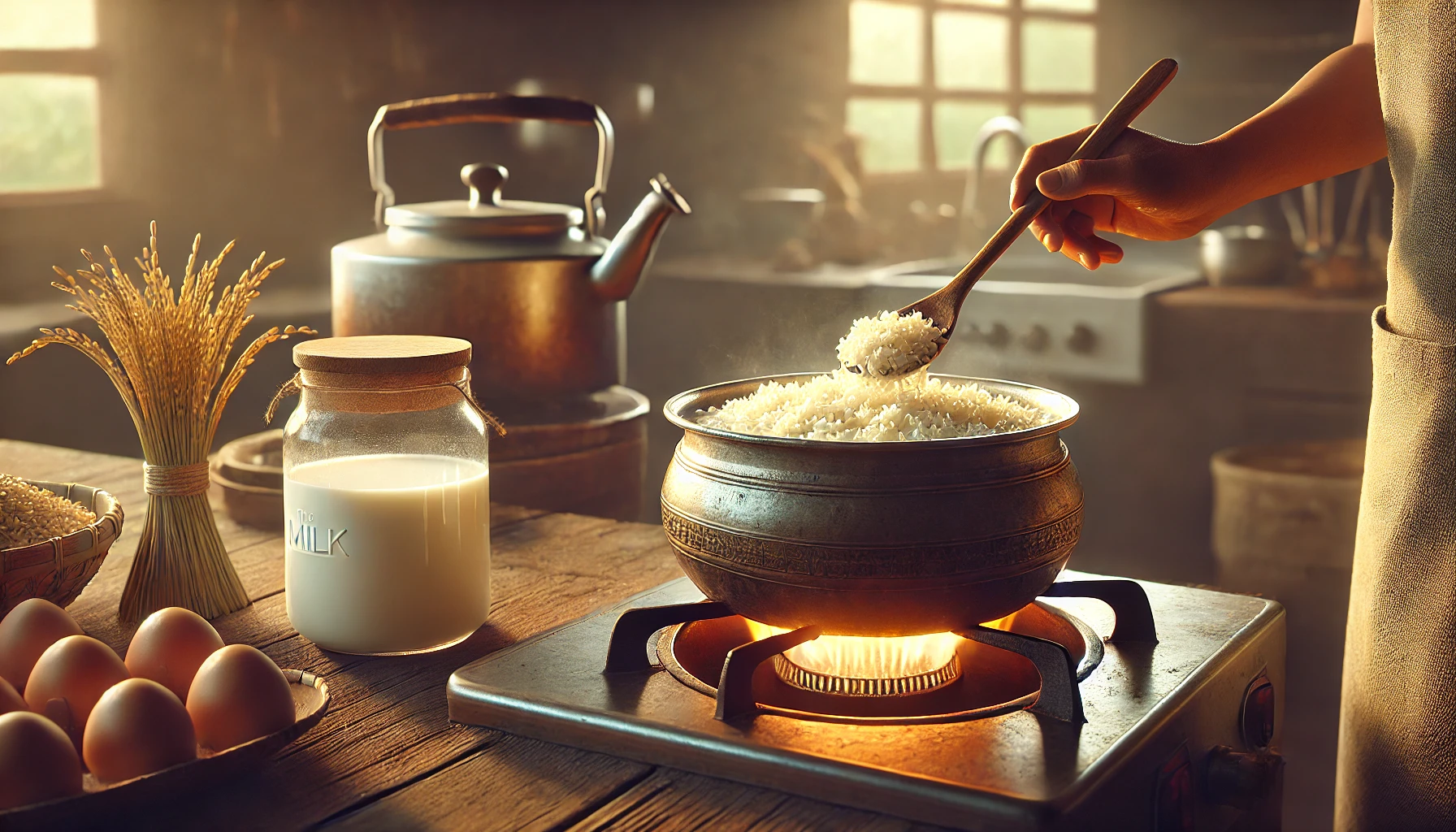 Das Foto zeigt den Milchreis im Topf, während er langsam köchelt und gerührt wird. Der Reis beginnt, die Milch aufzunehmen, und die Szene wirkt warm und einladend, mit leichtem Dampf, der aus dem Topf aufsteigt.