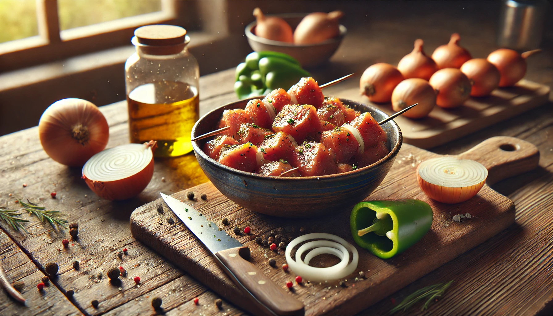 Vorbereitung der Marinade: Das Foto zeigt eine rustikale Küche mit einem Holztisch. Auf dem Tisch steht eine große Schüssel, in der das Schweinefleisch in einer Marinade aus Essig, Öl und Gewürzen liegt. Daneben liegen geschnittene Zwiebeln und Paprika, bereit, um später auf die Spieße gesteckt zu werden. Ein Schneidebrett mit einem Messer ist ebenfalls zu sehen. Die Atmosphäre ist warm und einladend, mit natürlichem Licht, das durch ein Fenster fällt.