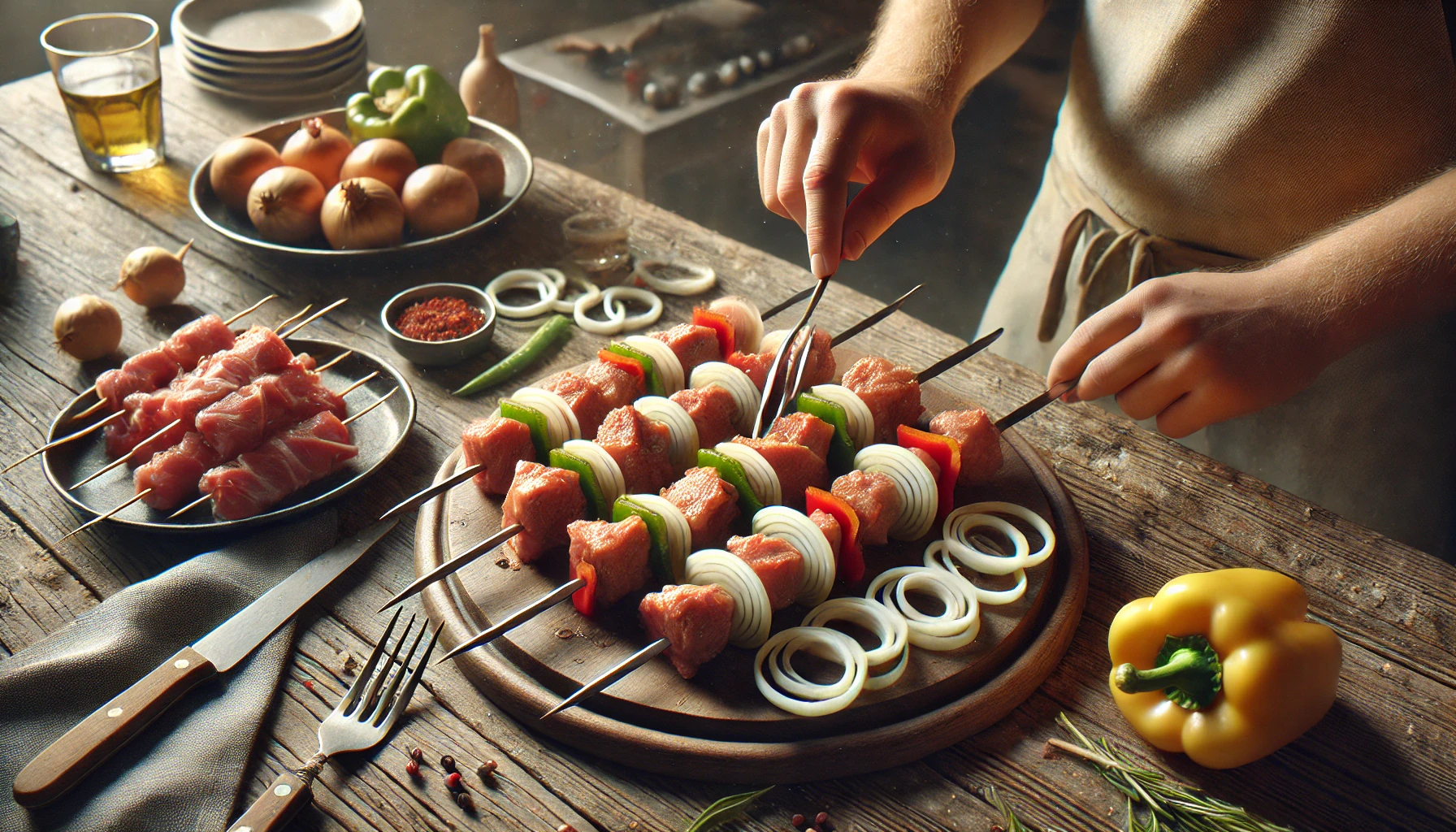 Aufstecken der Spieße: Das Foto zeigt eine Nahaufnahme eines rustikalen Küchentisches, auf dem die vorbereiteten Zutaten für Schaschlik-Spieße liegen. Das marinierte Schweinefleisch, die Zwiebeln und die Paprikastücke werden gerade abwechselnd auf Metallspieße gesteckt. Eine Hand hält einen Spieß, während die andere das Fleisch und das Gemüse aufspießt. Im Hintergrund sind weitere Spieße zu sehen, die bereits fertig sind und auf einem Teller liegen.